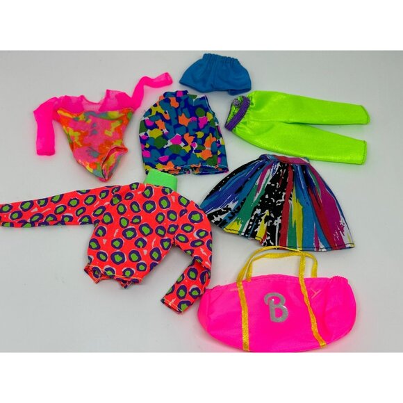 VTG Barbie Doll Clothing Set Neon & Patterned Outfits Skirts Tops & Accessories - Picture 1 of 5